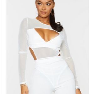 Creme mesh panel cut out bodysuit